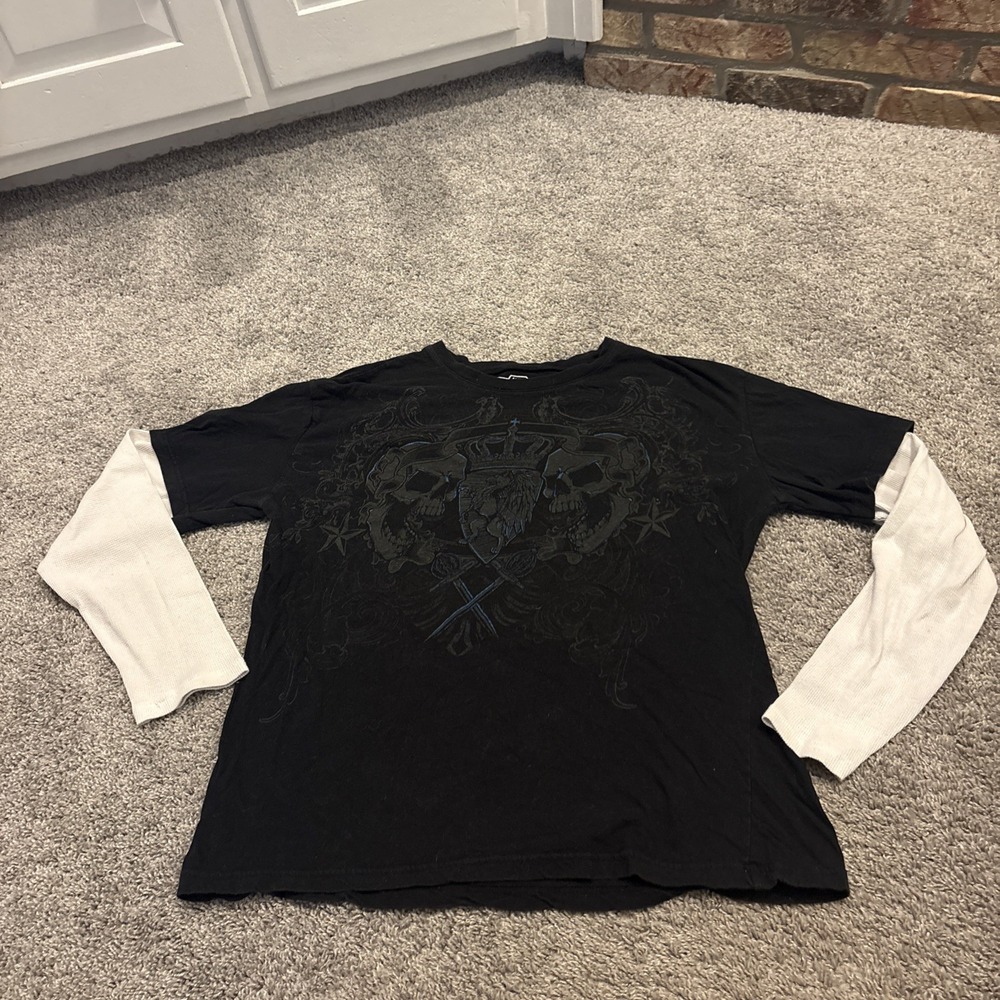 MMA Elite Shirt Mens 2XL Gray Skull Cross Thermal Long Sleeve Cyber Y2K * Grunge
